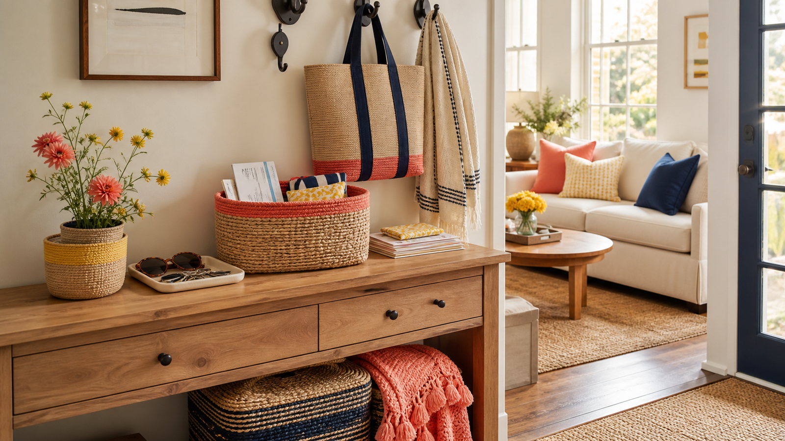 Entry way with baskets, hooks, and trays for organizing