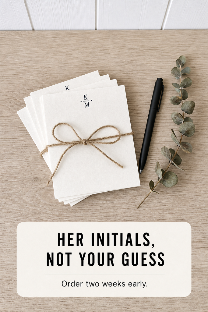 Personalized ivory monogram notecards tied with twine beside a black pen and dried eucalyptus on a pale oak desk.