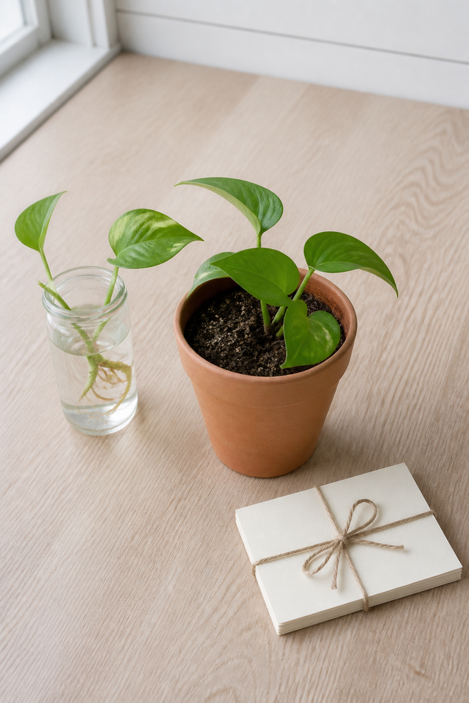 editorial photo of the rooted cutting in terracotta with a water jar and tied notecards nearby