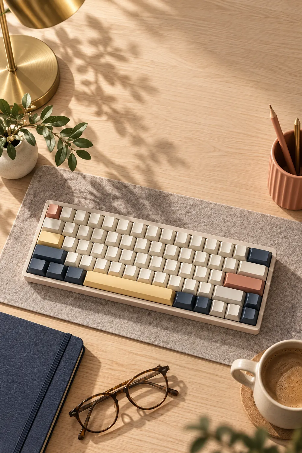 Overhead view of a cream mechanical keyboard with navy, butter, and terracotta accents on a gray felt desk mat.