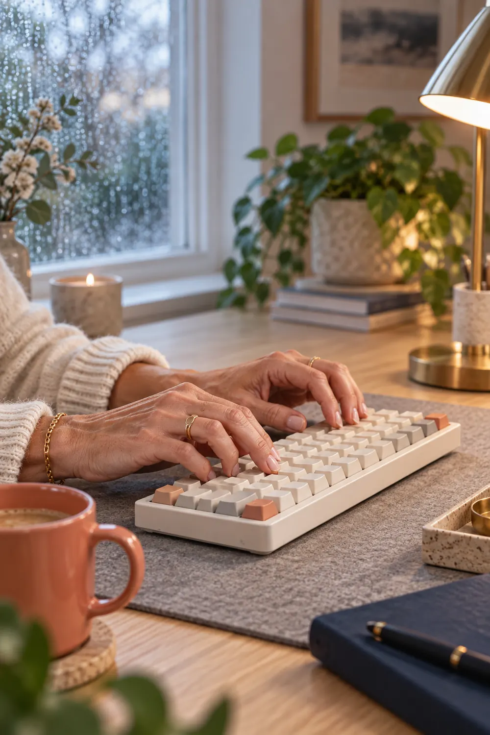 Close-up of hands typing on a cream mechanical keyboard in warm light for keyboard ASMR.