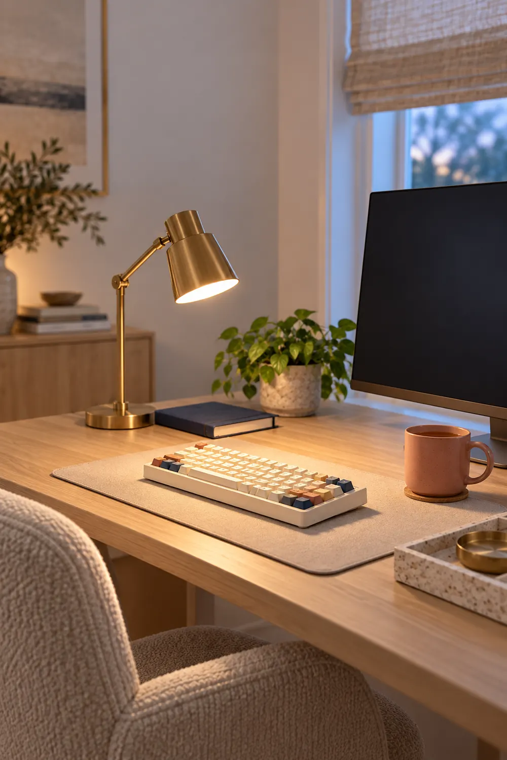 Brass task lamp illuminating a cream aesthetic keyboard, monitor, and organized home office desk at dusk.