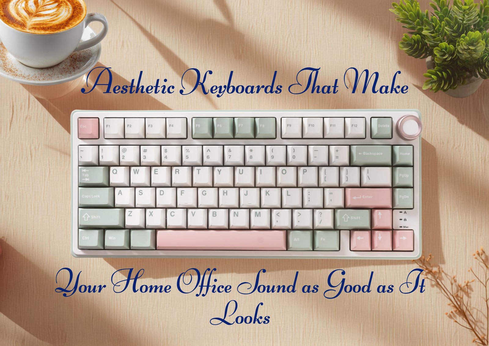 Desk showing Aesthetic colored keyboard with coffee and small plamt