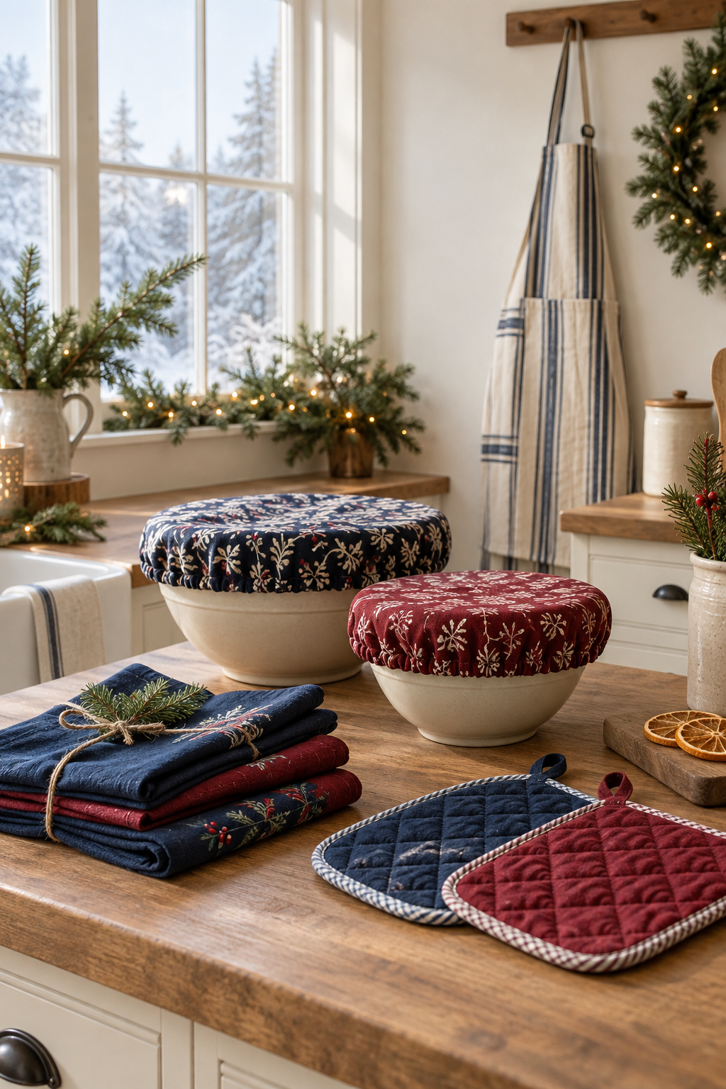 bowl cozis, pot holders and napkins on kitchen table