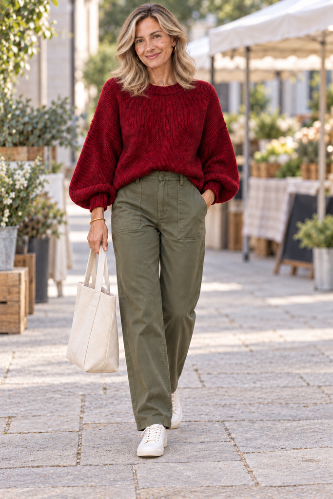 Casual burgundy sweater outfit with olive utility pants and ivory sneakers for women over 40