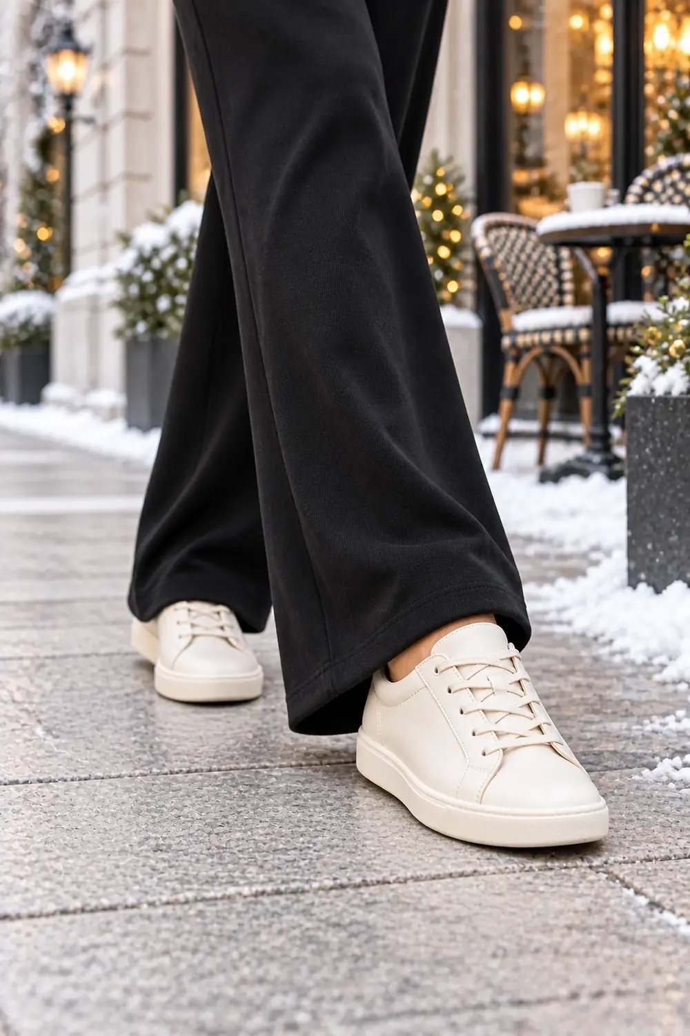 Cream leather sneakers worn with black wide-leg loungewear on a snowy sidewalk outside a city café.