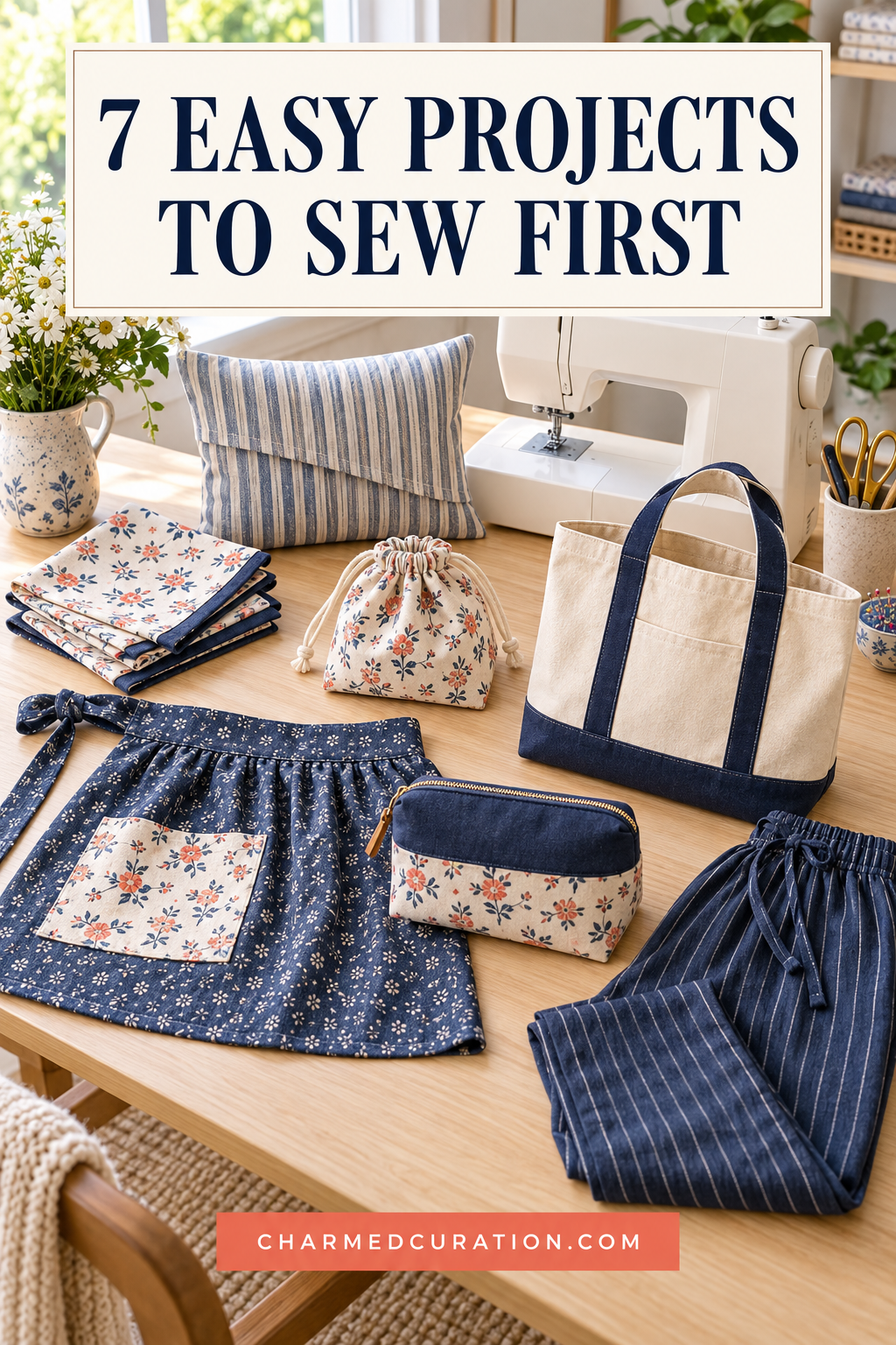 Seven finished beginner sewing projects arranged around a cream sewing machine on a bright oak table.