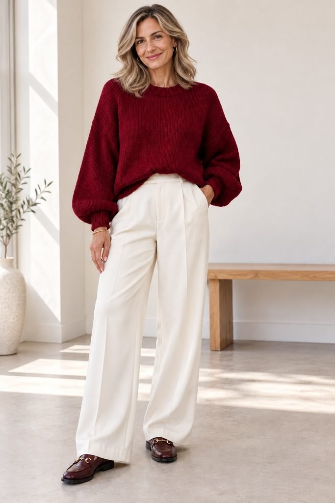 Woman over 40 wearing a burgundy sweater with cream wide leg trousers and oxblood loafers