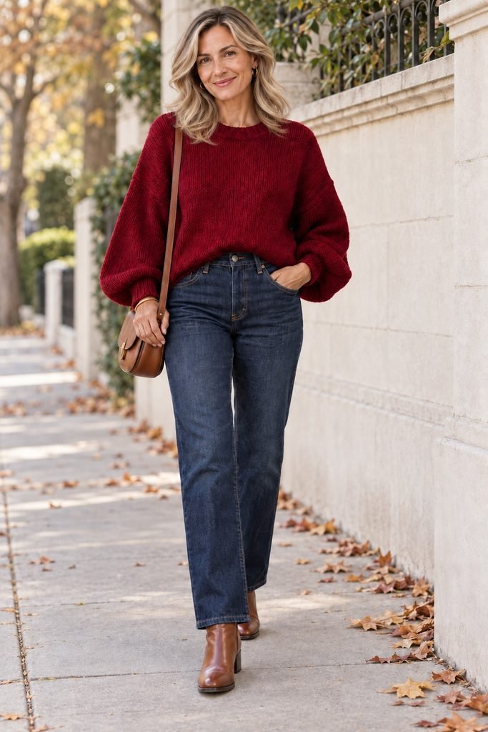 Woman over 40 styling a burgundy sweater with dark straight leg jeans and cognac ankle boots