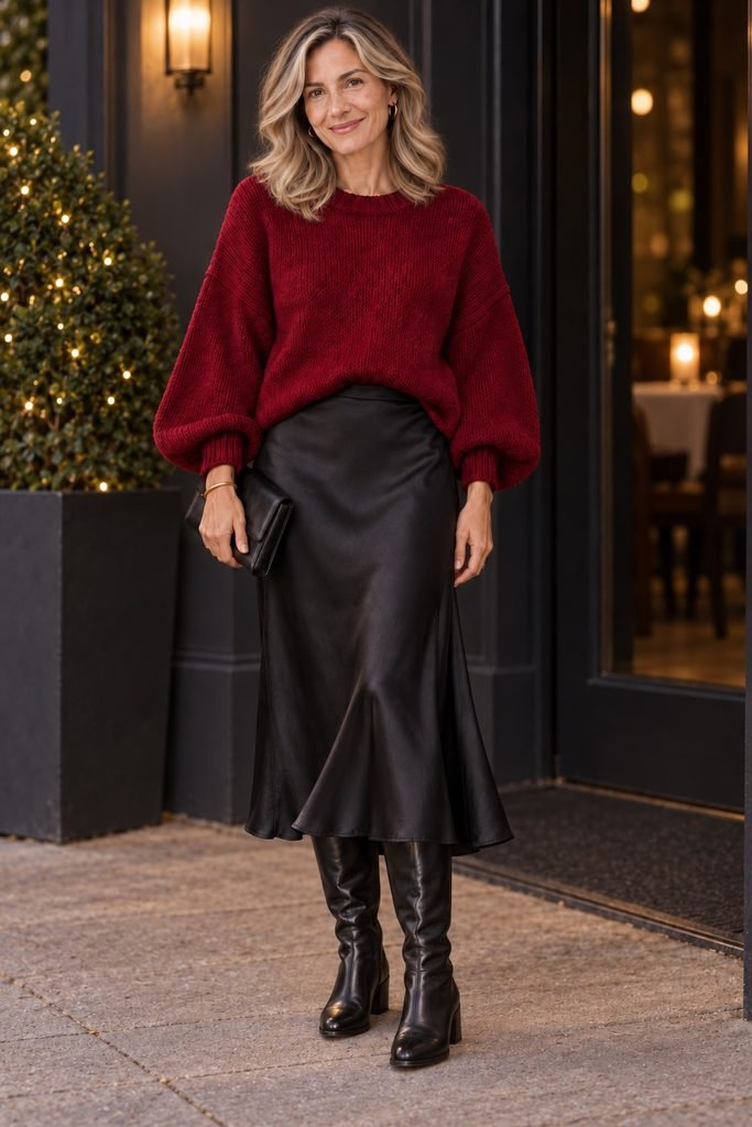Burgundy sweater outfit with a black satin midi skirt and knee high boots on a woman over 40
