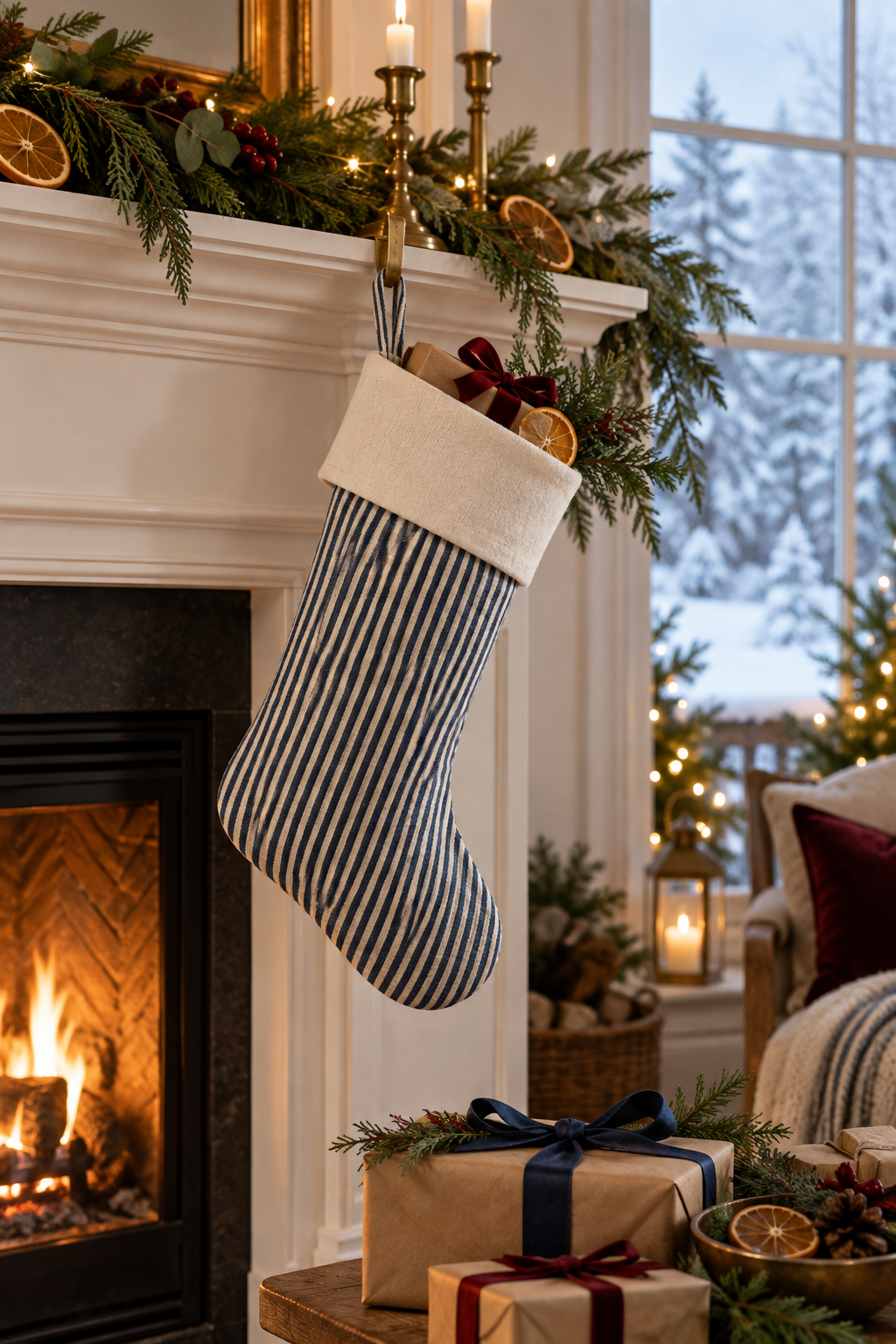 stocking in navy ticking stripe with a cream cuff hangs from a brass hook on a warm white mantel.