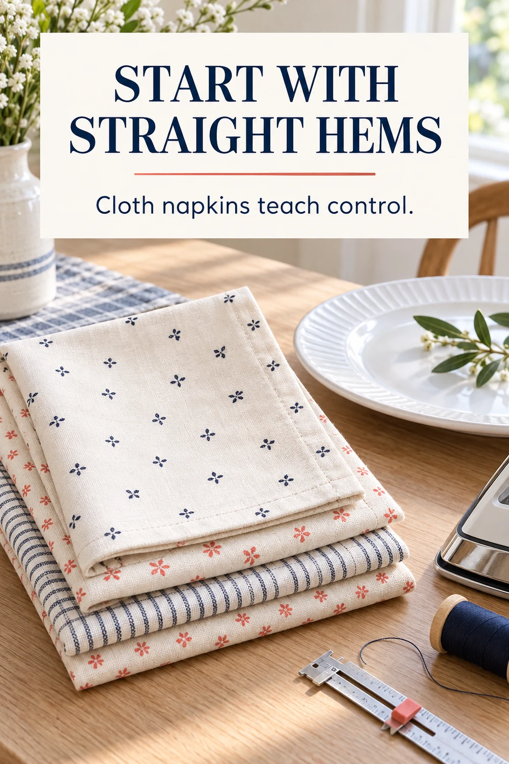 Four cream cotton cloth napkins with navy and coral prints beside a plate, seam gauge, and thread.