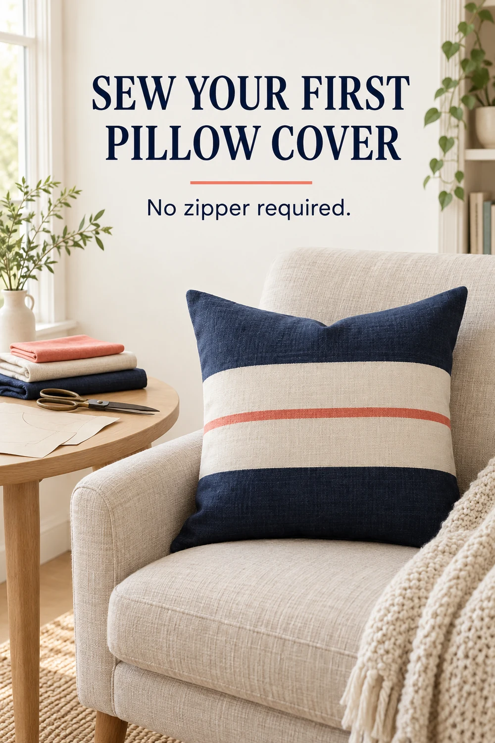 Handmade navy, cream, and coral striped envelope pillow displayed on a natural linen reading chair.