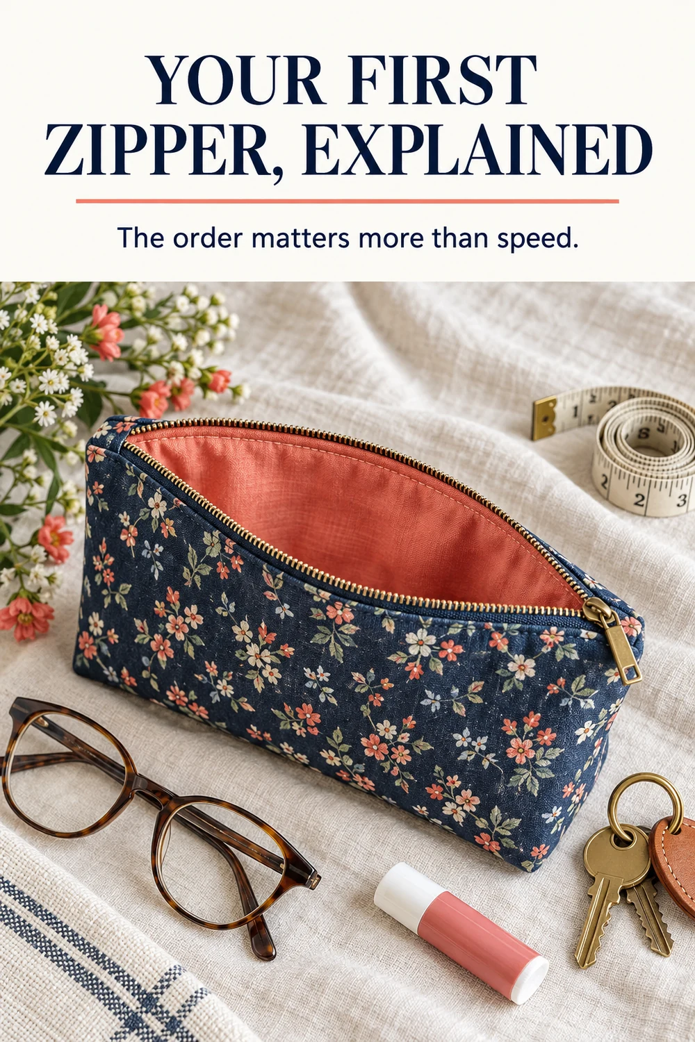 Open navy floral zipper pouch with coral lining beside reading glasses, measuring tape, and keys.