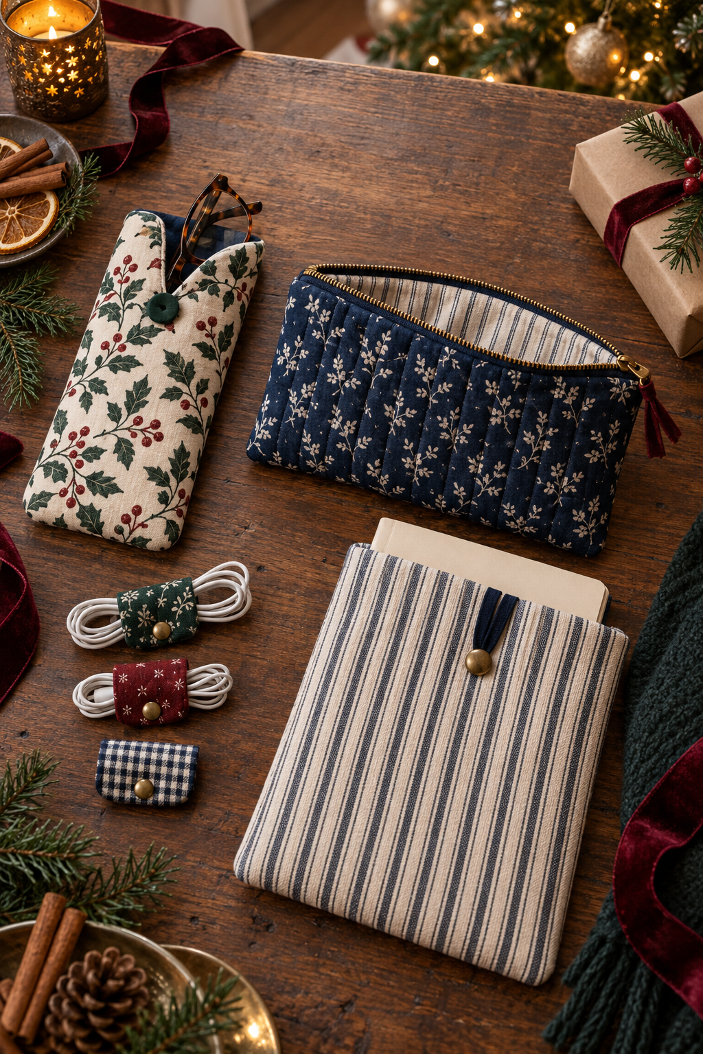 eyeglass case with tortoiseshell reading glasses, a lined zipper pouch, a book sleeve holding a paperback, and three small cord keepers.