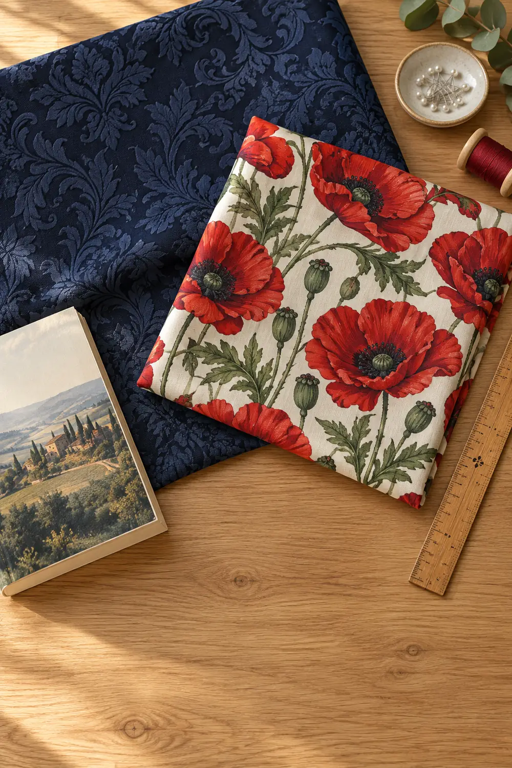Illustrative flat lay of navy floral and multicolor wildflower fabrics beside a paperback and ruler.