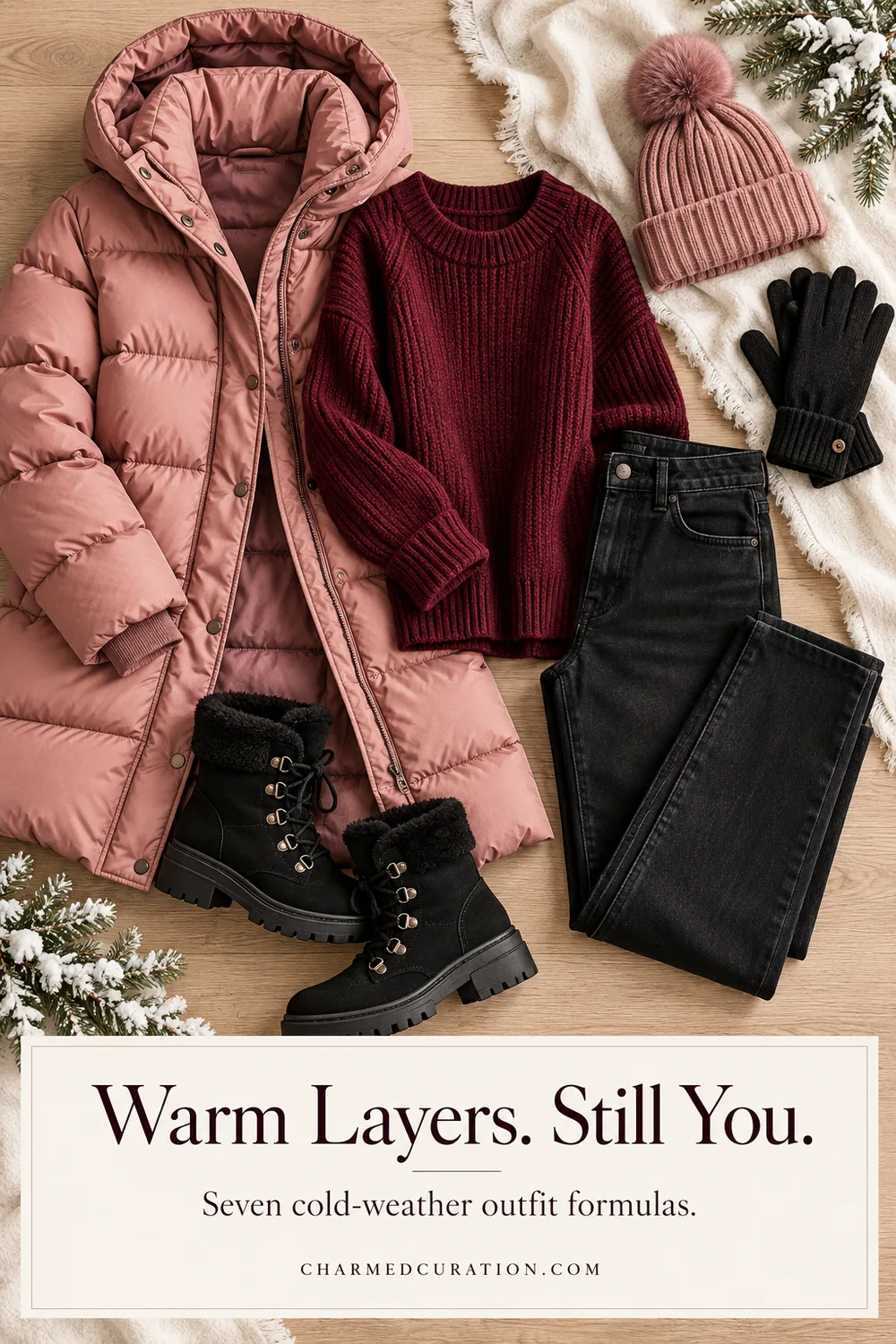 Cold weather outfits flat lay with a rose puffer, burgundy sweater, black jeans, winter boots, gloves and a knit hat.