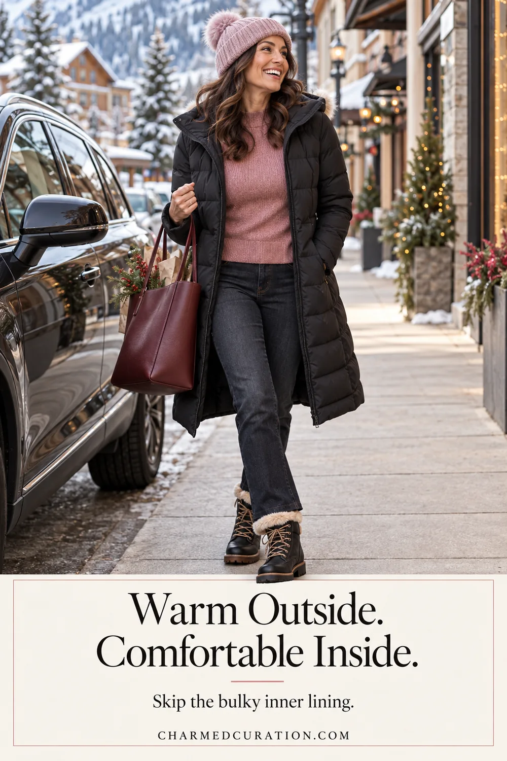 Woman beside a parked car on a snowy village street wearing an open black puffer, rose sweater, pink hat and winter boots.