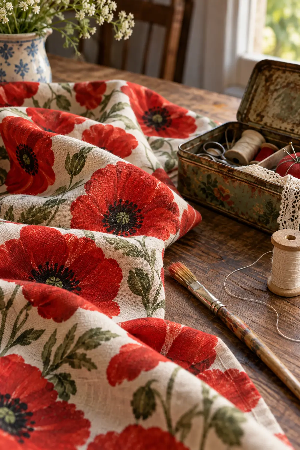 Illustrative close-up of floral cloth beside a sewing tin and paintbrush.