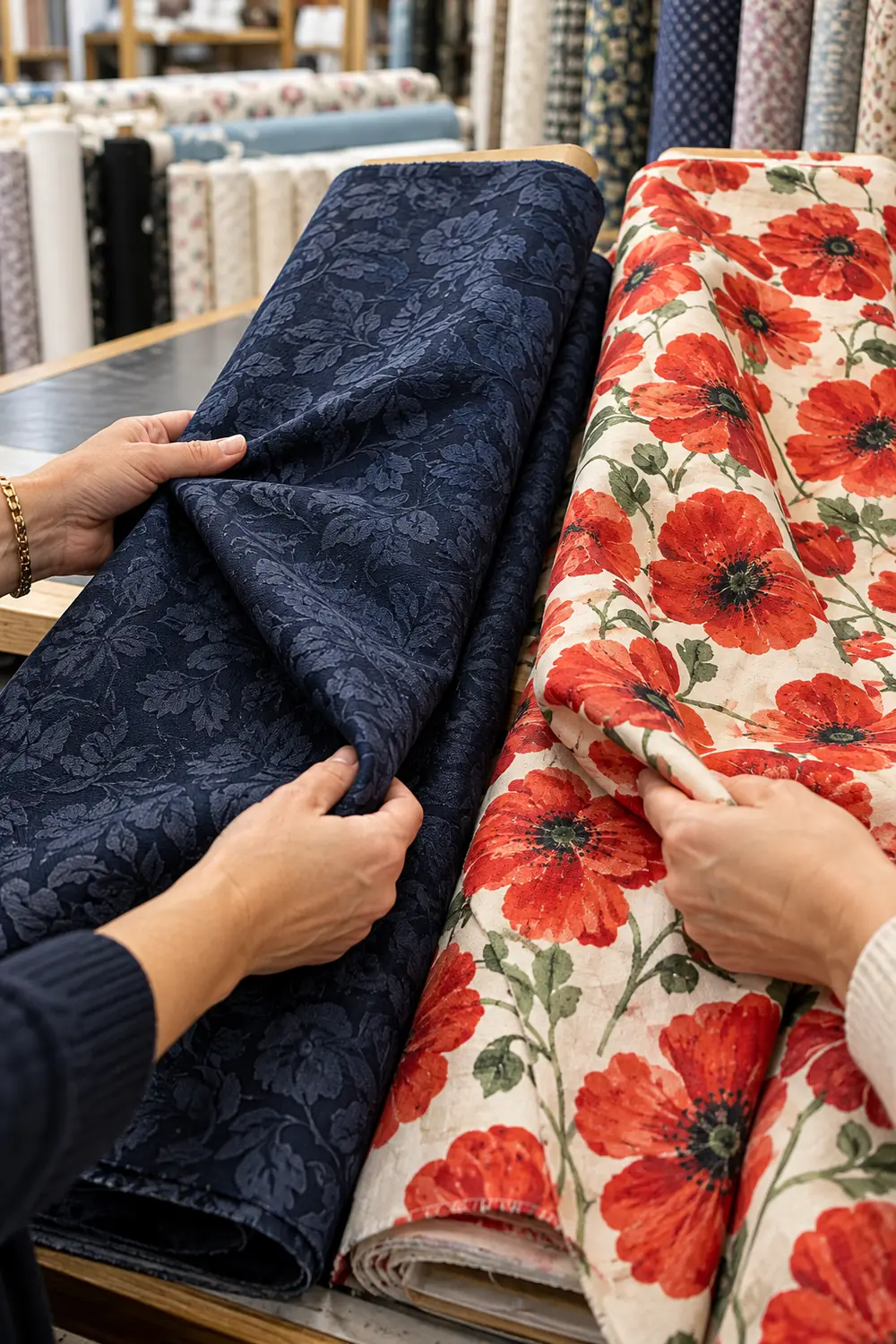 Illustrative hands comparing navy floral and colorful wildflower fabrics at an unbranded counter.