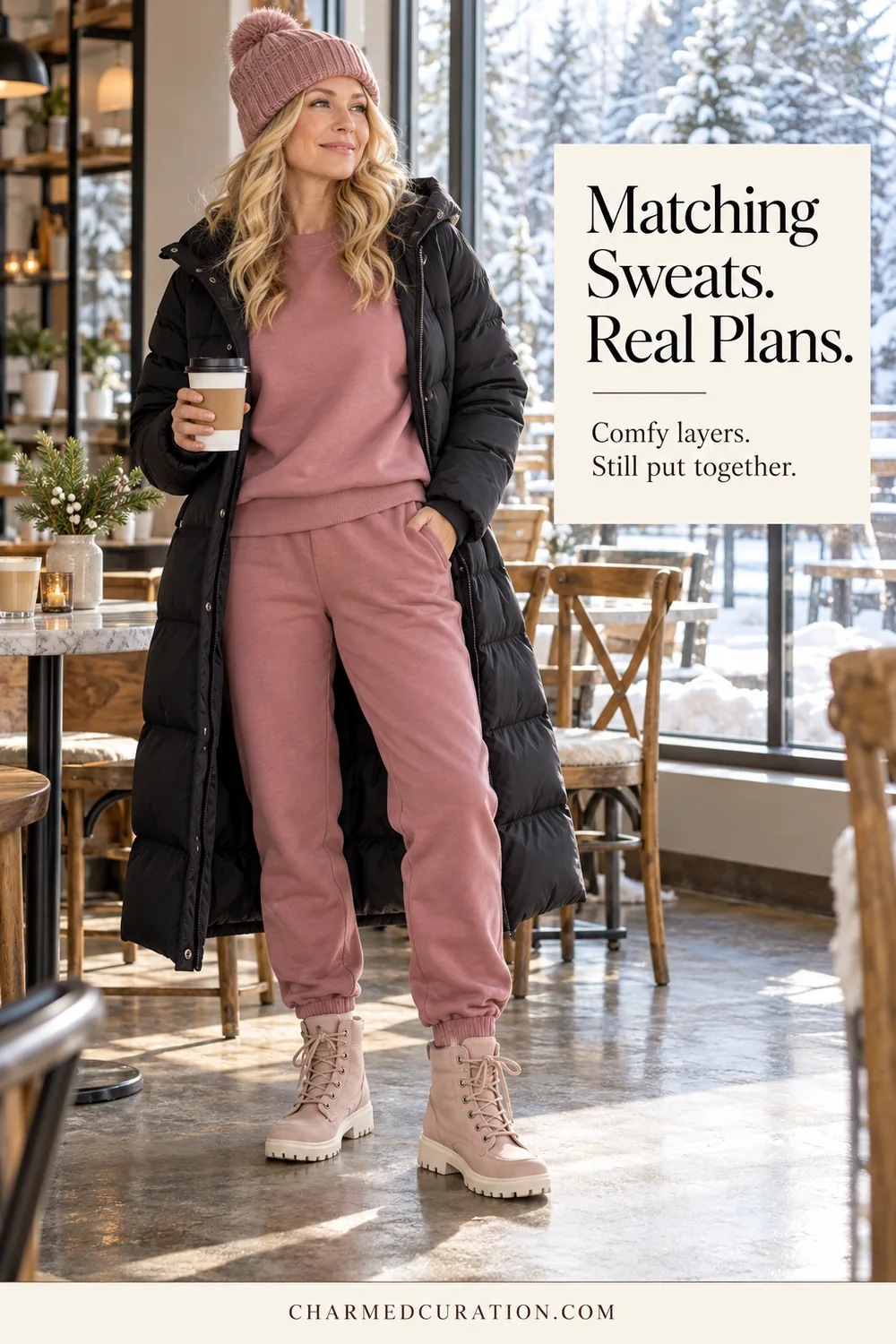 Woman in a cafe wearing a rose sweatshirt and matching joggers, an open black puffer, a knit hat and pink boots.