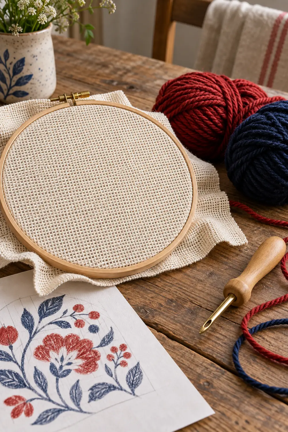 Illustrative punch-needle tool, yarn, taut foundation cloth in a hoop, and a sketched floral motif.