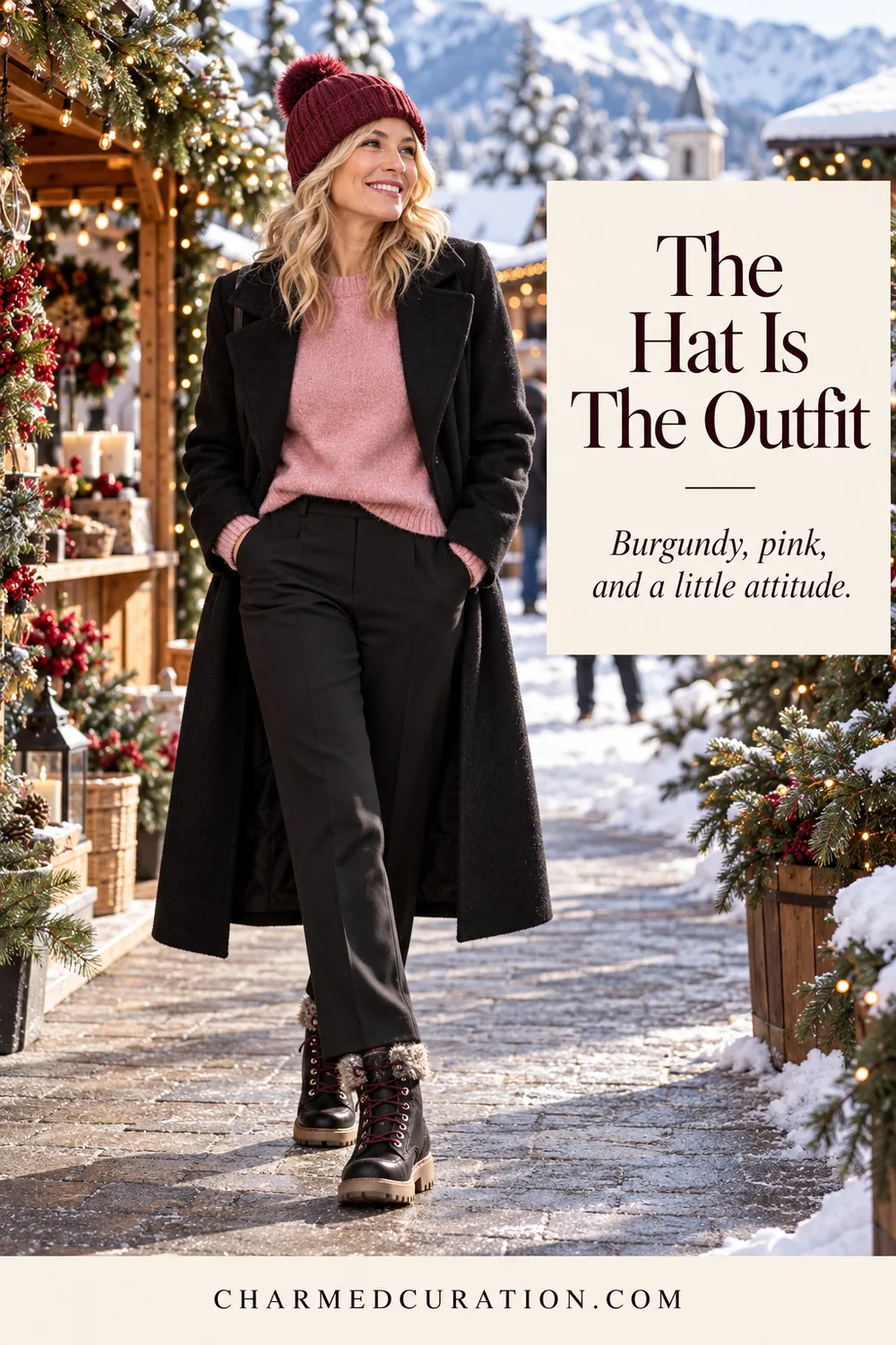 Woman at a snowy winter market wearing a burgundy beanie, pink sweater, black coat and sturdy winter boots.