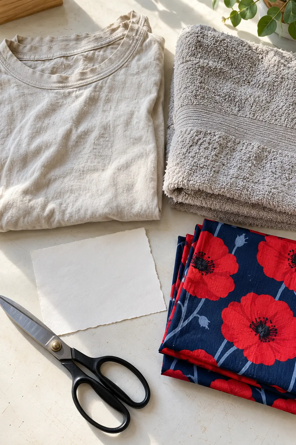 Illustrative old cotton T-shirt and terry towel beside scissors, with new floral fabric kept separate.