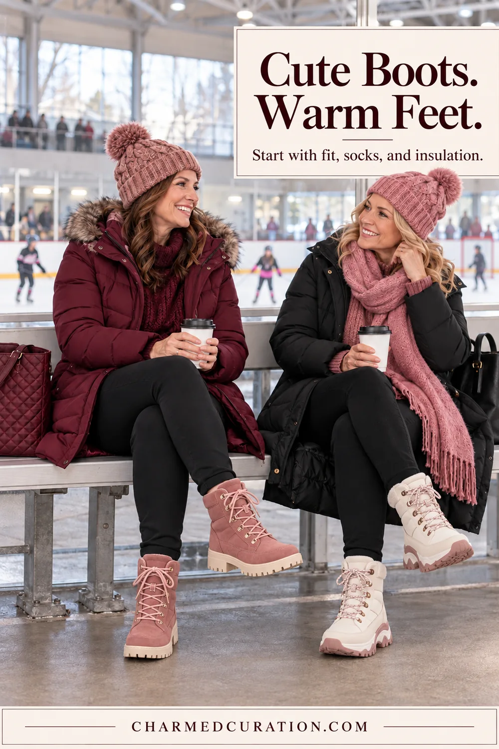 Two women seated beside a hockey rink wearing burgundy and black coats, rose knit hats, blush lace-up boots and cream boots with rose accents.