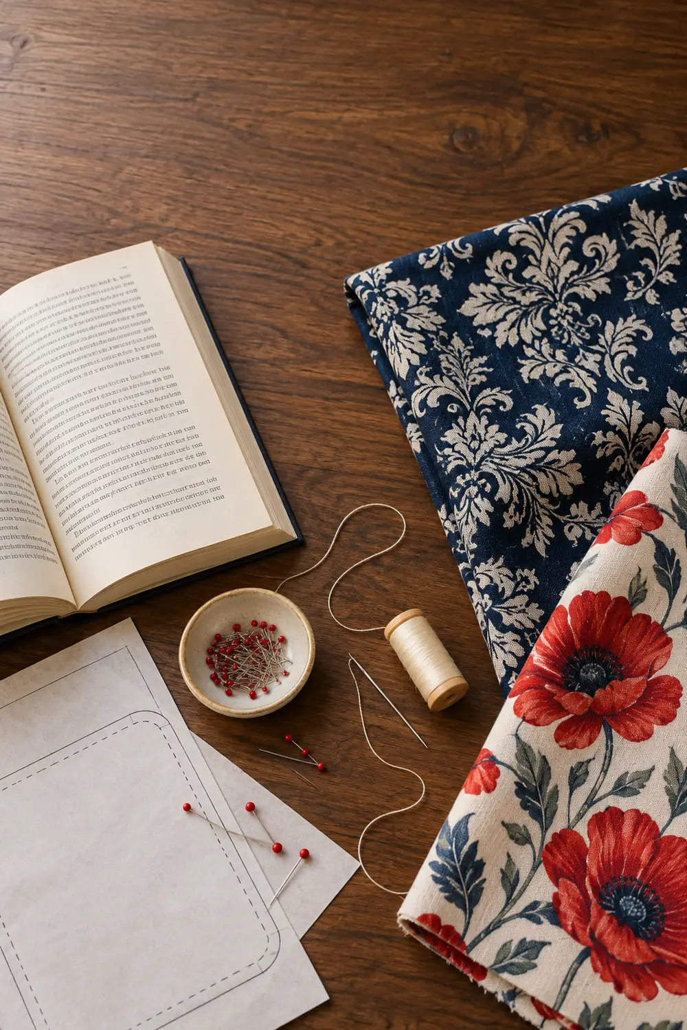 Illustrative paperback, paper sleeve template, pins, thread, and folded navy and wildflower fabrics on a worktable.