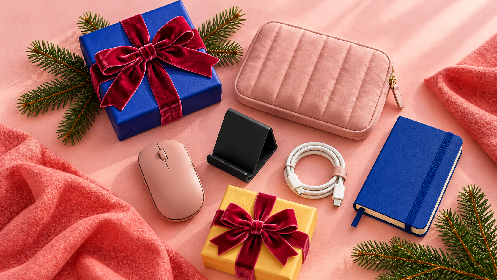 Three colorful Christmas presents with velvet and grosgrain ribbons on a pale pink surface.