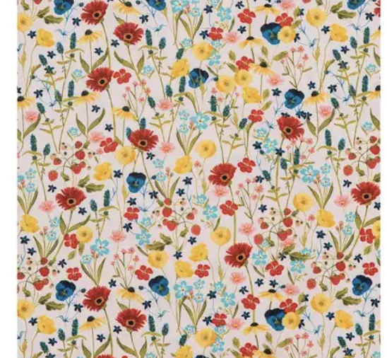 Light-background wildflower print with red, yellow, blue, turquoise, and pink blossoms and fine green stems.