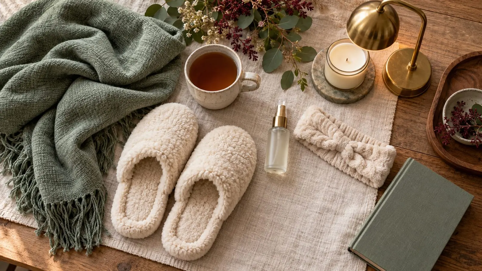 Flat lay of a sage shawl, plush slippers, tea, skincare mist, headband, and candle warmer on a linen-covered table