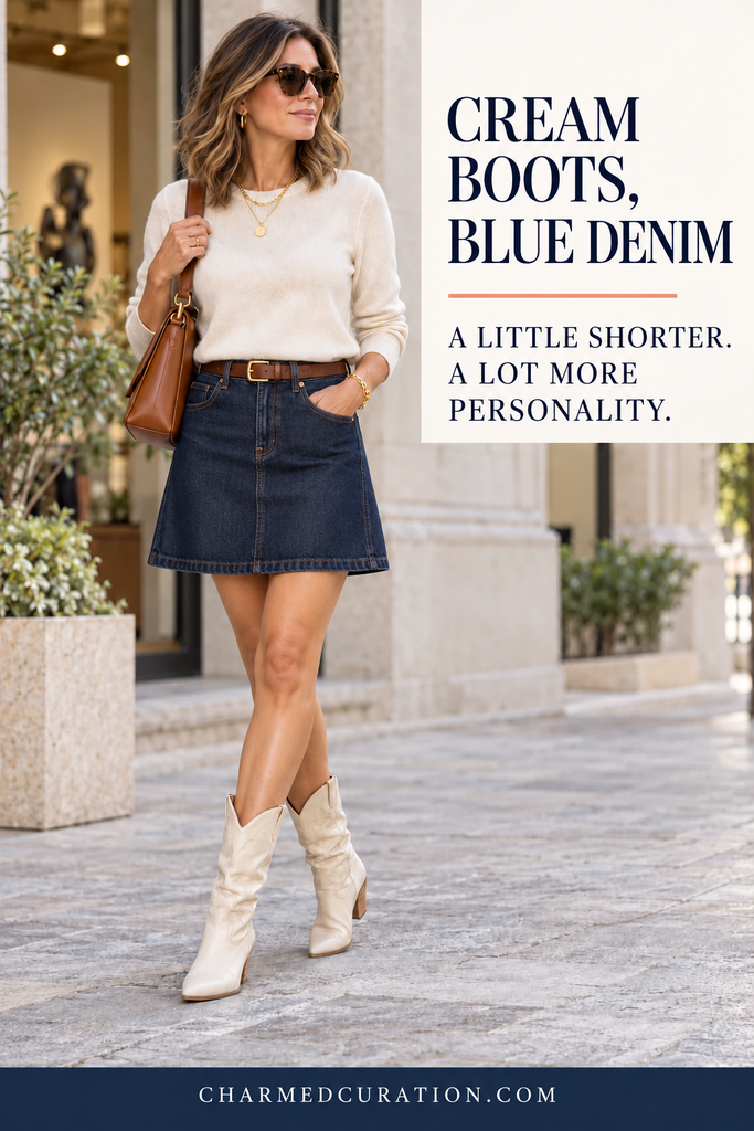 Woman in her 50s wearing cream cowboy boots with an above-knee denim skirt and fitted ivory knit top.