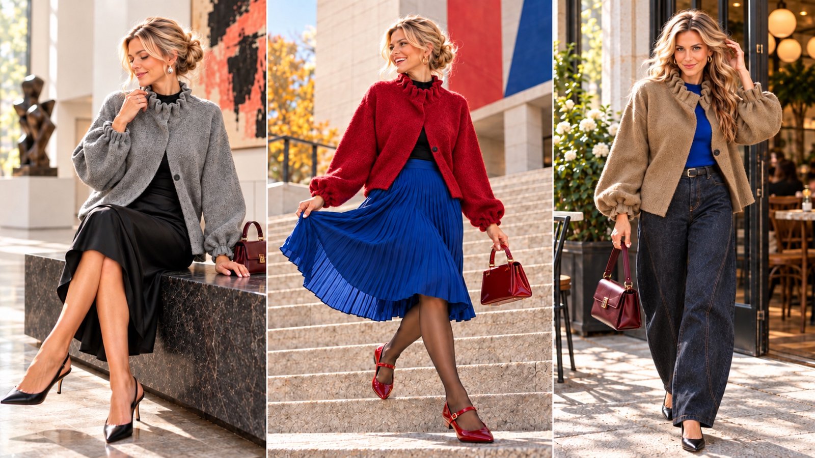 Three outfit interpretations of a statement cardigan with skirts and jeans in gray, red, and khaki.