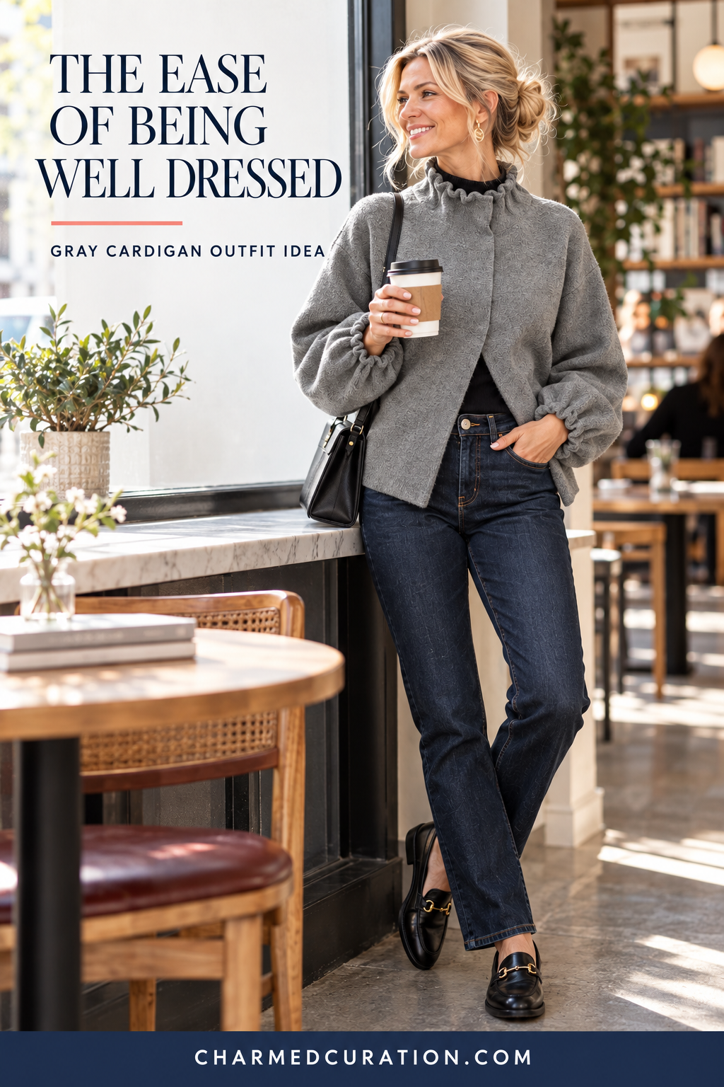 Gray ruffle-neck cardigan styled with dark jeans and loafers for a casual cafe outfit.