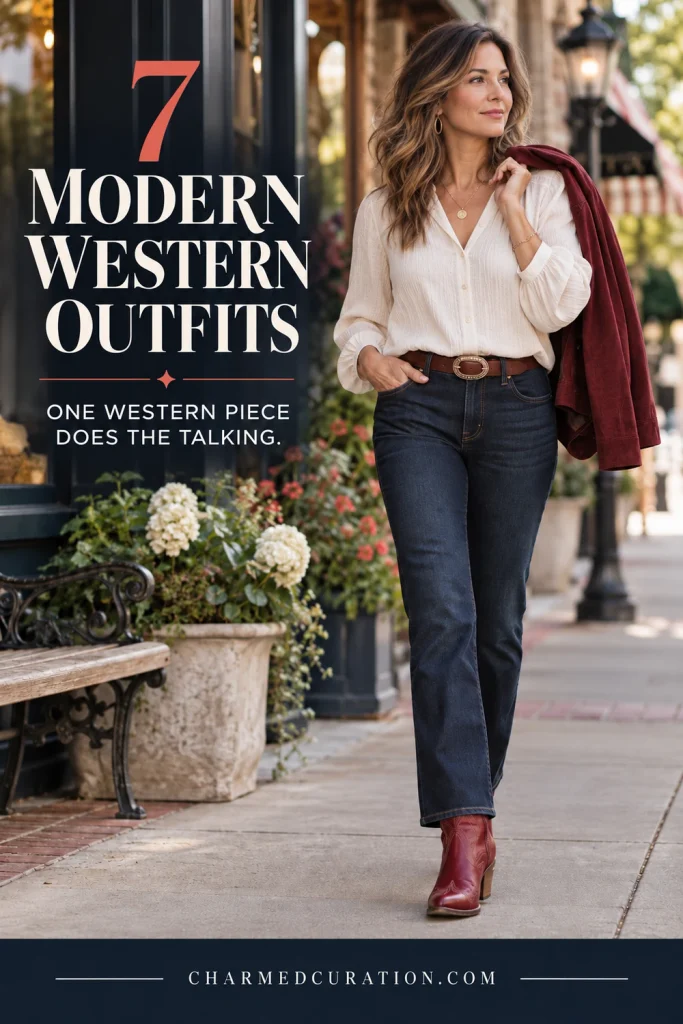Woman in 50s wearing red cowboy boots, dark bootcut jeans, and whit blouse in polished modern Western Country outfit
