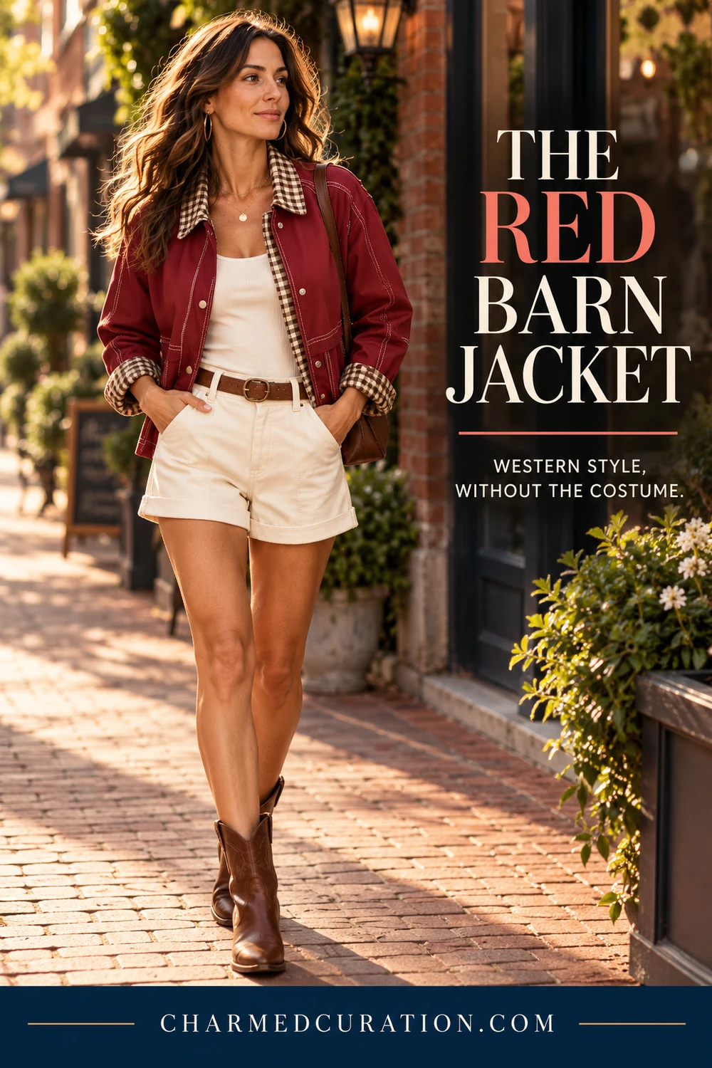 woman in her 40s with cream shorts, burgundy western boots and red barn jacket
