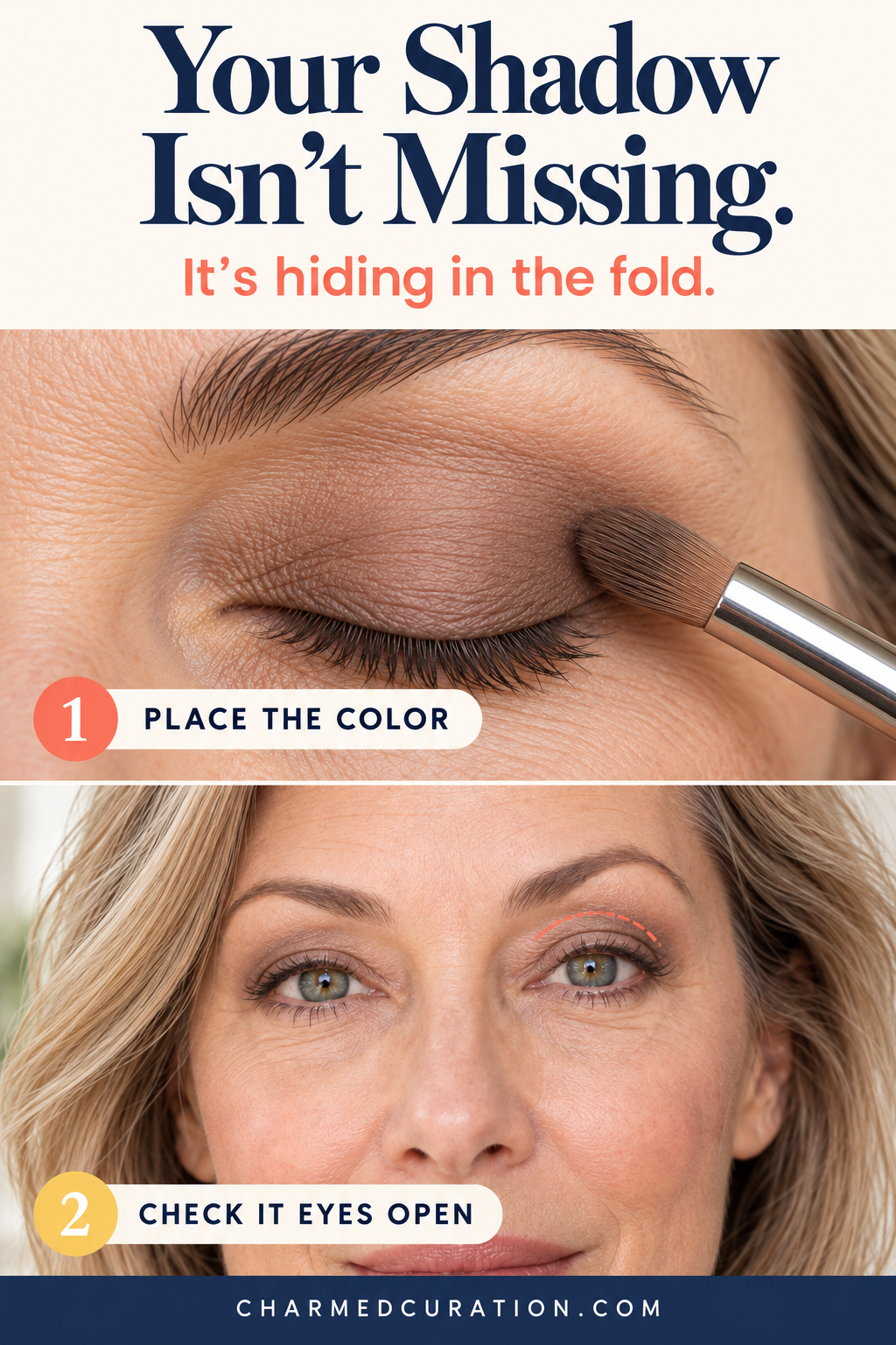 Closed and open views of a hooded eyelid showing medium matte taupe shadow placed above the fold.
