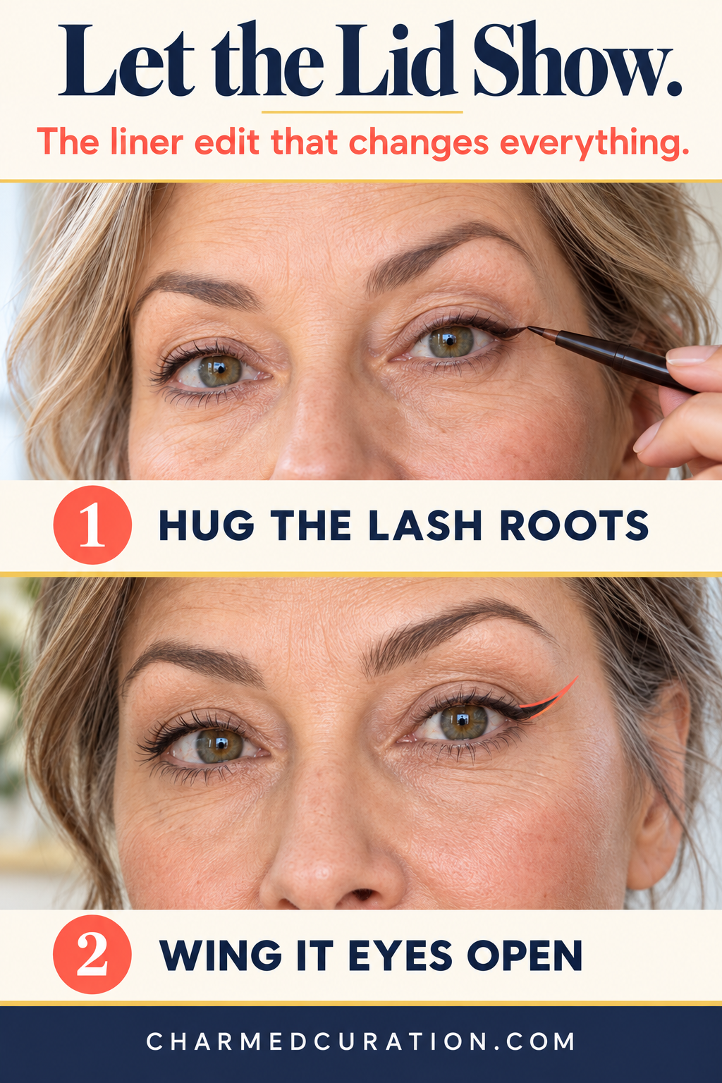 Fine upper-lash eyeliner and a small wing shown on an open hooded eye.