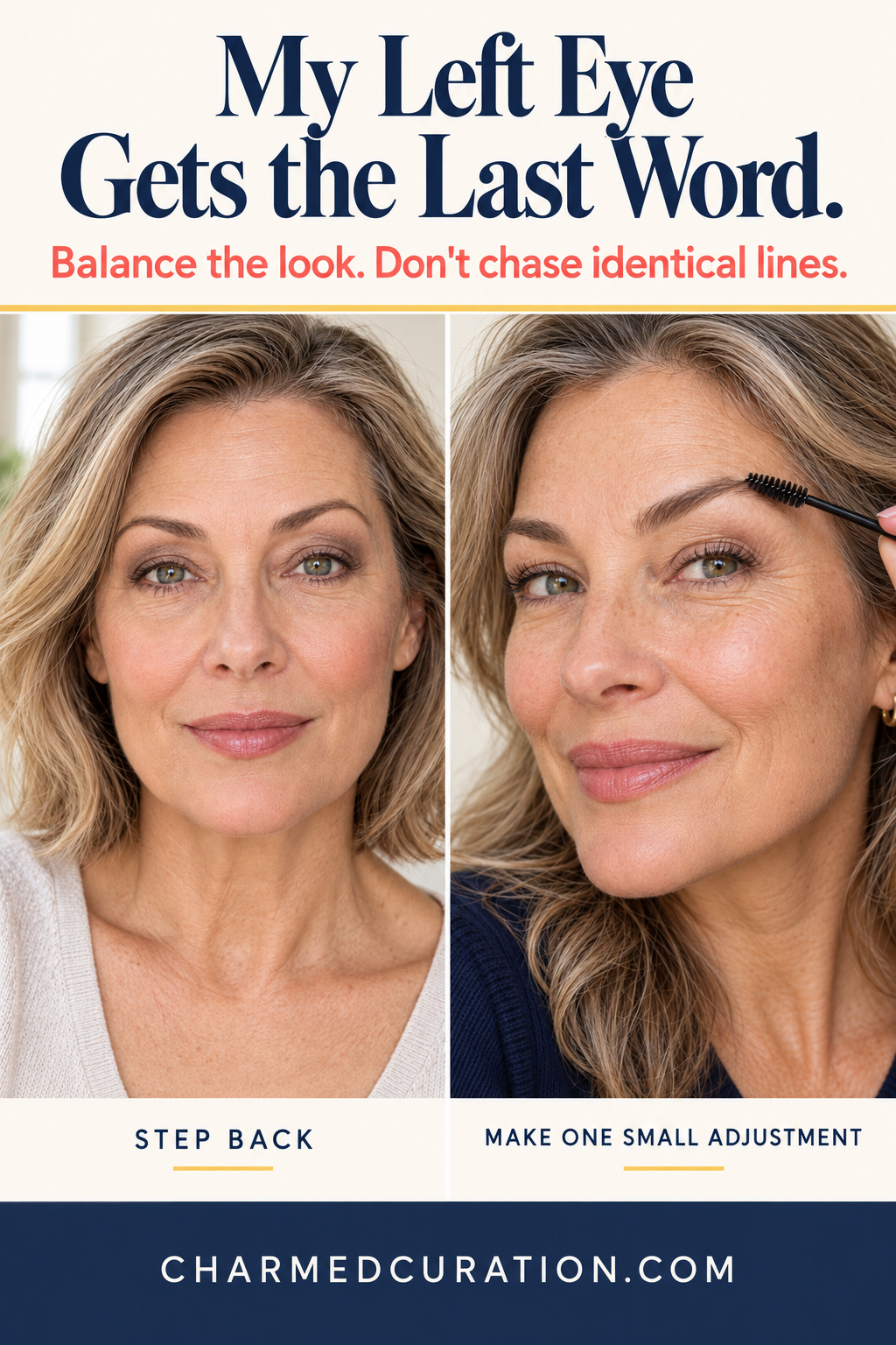 Straight-ahead view of hooded eyes with a spoolie brushing the outer brow upward.