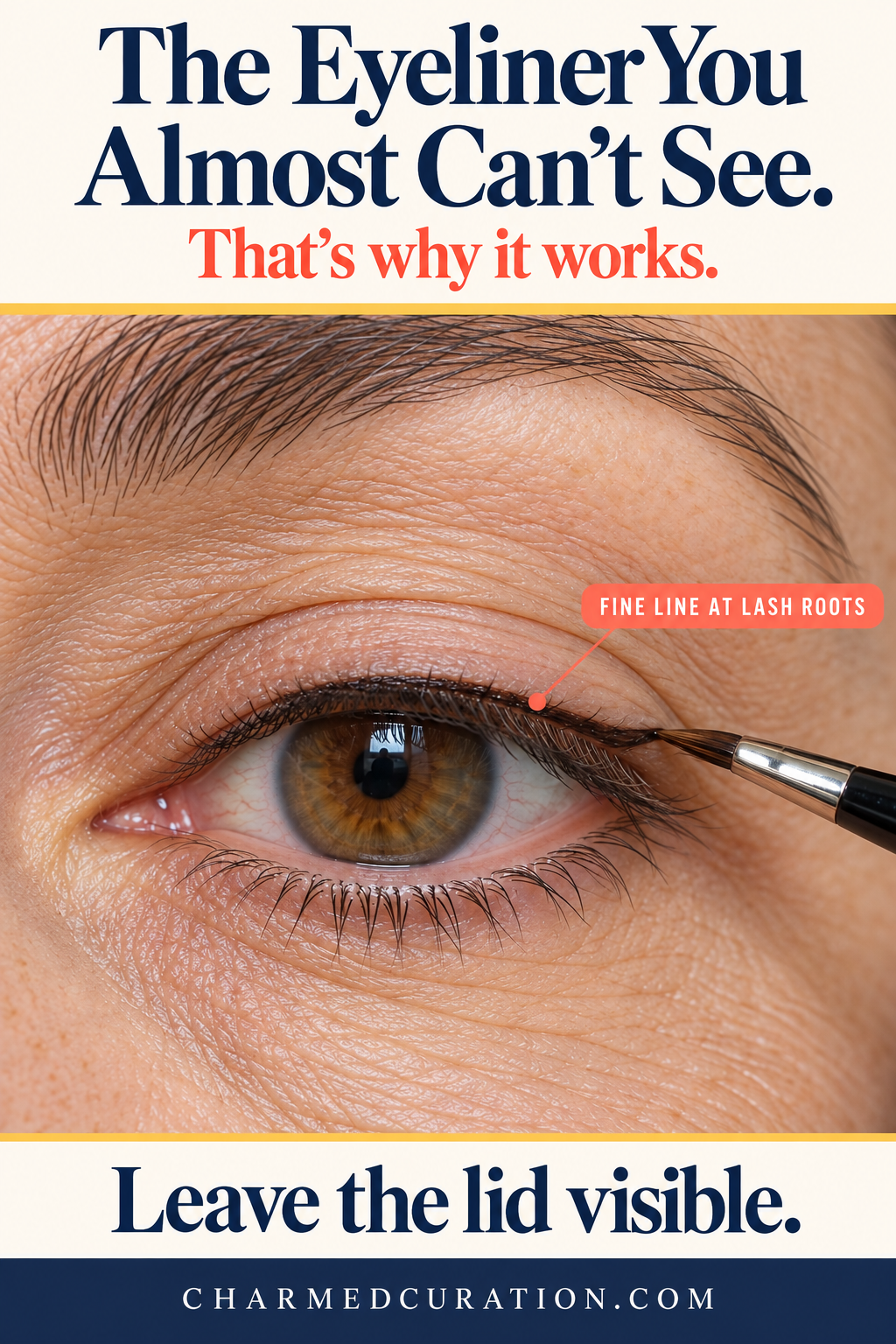 Close-up of thin brown eyeliner at the upper lash roots with visible eyelid above it.
