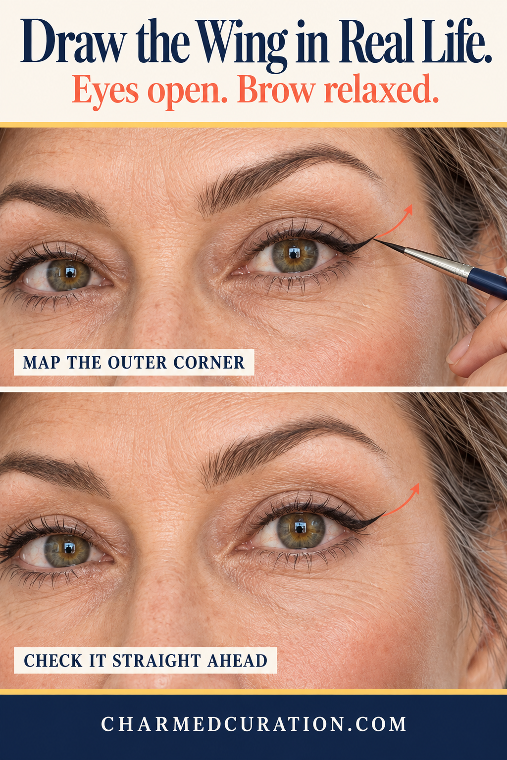 Two close-up views showing a short eyeliner wing mapped and checked with the eye open.