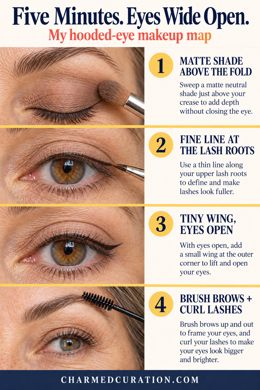Four-step hooded-eye makeup illustration with matte shadow, fine liner, a small wing, and groomed brows and lashes.