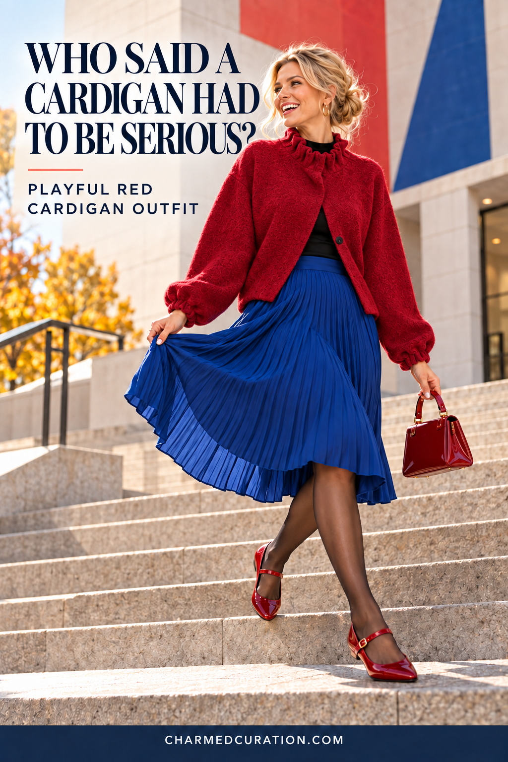 Red ruffle-neck cardigan styled with a cobalt skirt and red shoes.